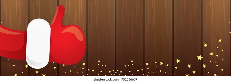 vector funky cartoon Santa Claus like hand icon isolated on old vintage wooden background . thumbs up santa hand symbol. merry christmas horizontal banner background