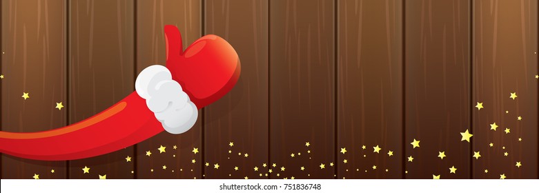 vector funky cartoon Santa Claus like hand icon isolated on old vintage wooden background . thumbs up santa hand symbol. merry christmas horizontal banner background