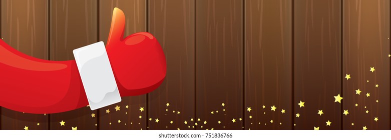 vector funky cartoon Santa Claus like hand icon isolated on old vintage wooden background . thumbs up santa hand symbol. merry christmas horizontal banner background