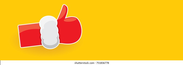vector funky cartoon Santa Claus like hand icon isolated on orange background . thumbs up santa hand symbol. merry christmas horizontal banner background