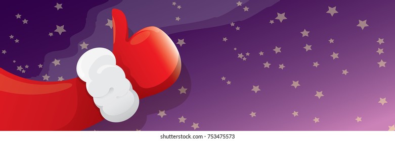 vector funky cartoon Santa Claus like hand icon isolated on violet night starry sky background . thumbs up santa hand symbol. merry christmas horizontal banner background
