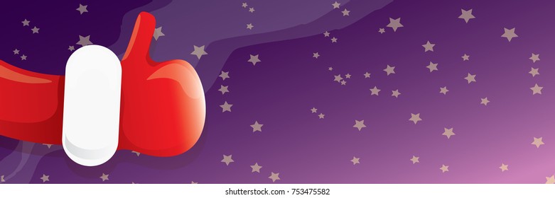 vector funky cartoon Santa Claus like hand icon isolated on violet night starry sky background . thumbs up santa hand symbol. merry christmas horizontal banner background
