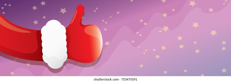 vector funky cartoon Santa Claus like hand icon isolated on violet night starry sky background . thumbs up santa hand symbol. merry christmas horizontal banner background