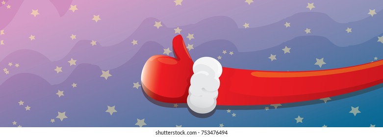 vector funky cartoon Santa Claus like hand icon isolated on orange background . thumbs up santa hand symbol. merry christmas horizontal banner background