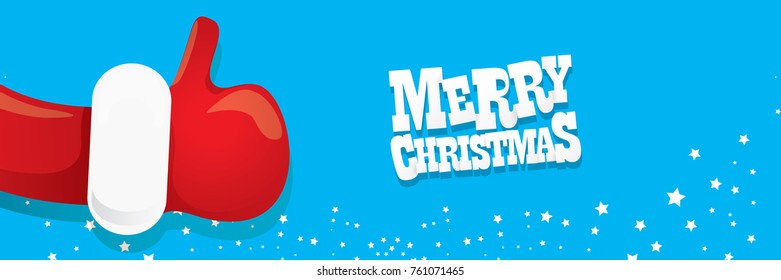 vector funky cartoon Santa Claus like hand icon isolated on blue background with stars and merry christmas text . thumbs up santa hand symbol. merry christmas horizontal banner background