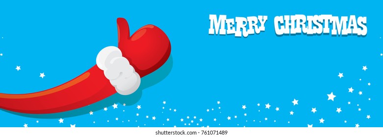 vector funky cartoon Santa Claus like hand icon isolated on blue background with stars and merry christmas text . thumbs up santa hand symbol. merry christmas horizontal banner background