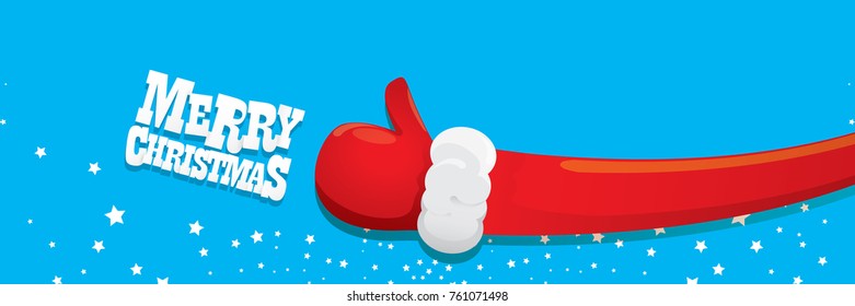 vector funky cartoon Santa Claus like hand icon isolated on blue background with stars and merry christmas text . thumbs up santa hand symbol. merry christmas horizontal banner background