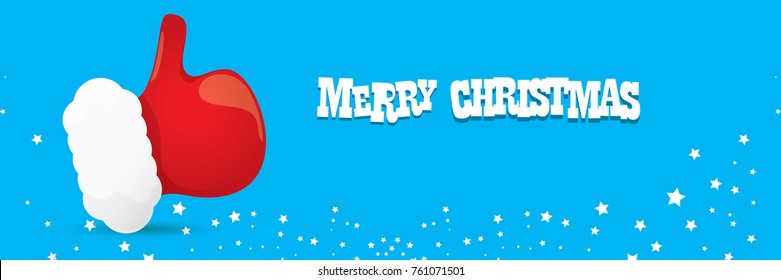 vector funky cartoon Santa Claus like hand icon isolated on blue background with stars and merry christmas text . thumbs up santa hand symbol. merry christmas horizontal banner background