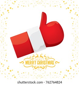 vector funky cartoon Santa Claus like hand icon isolated on white background with stars . thumbs up santa hand symbol. merry christmas greeting card or party poster background