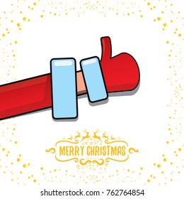 vector funky cartoon Santa Claus like hand icon isolated on white background with stars . thumbs up santa hand symbol. merry christmas greeting card or party poster background