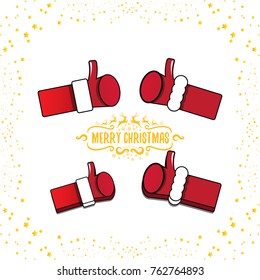 vector funky cartoon Santa Claus like hand icon isolated on white background with stars . thumbs up santa hand symbol. merry christmas greeting card or party poster background