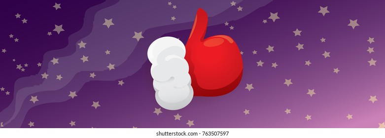 vector funky cartoon Santa Claus like hand icon isolated on violet night sky horizontal background . thumbs up santa hand symbol. merry christmas horizontal banner background