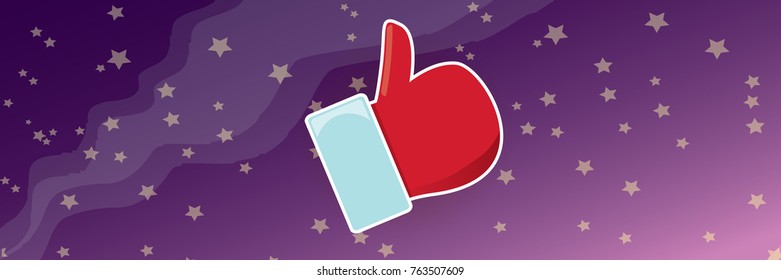 vector funky cartoon Santa Claus like hand icon isolated on violet night sky horizontal background . thumbs up santa hand symbol. merry christmas horizontal banner background