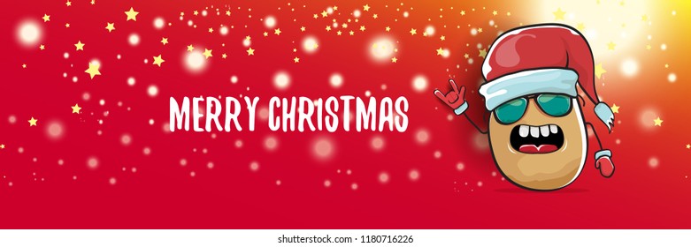 vector funky cartoon smiling santa claus potato with red santa hat and calligraphic christmas text on horizontal red background with blur and lights. vegetable funky christmas food character