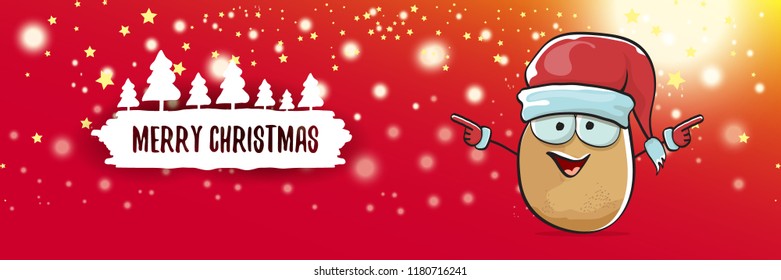 vector funky cartoon smiling santa claus potato with red santa hat and calligraphic christmas text on horizontal red background with blur and lights. vegetable funky christmas food character