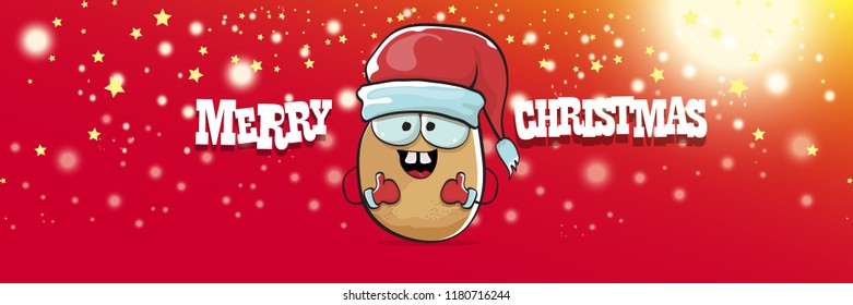 vector funky cartoon smiling santa claus potato with red santa hat and calligraphic christmas text on horizontal red background with blur and lights. vegetable funky christmas food character