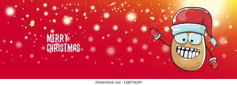 vector funky cartoon smiling santa claus potato with red santa hat and calligraphic christmas text on horizontal red background with blur and lights. vegetable funky christmas food character