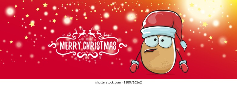 vector funky cartoon smiling santa claus potato with red santa hat and calligraphic christmas text on horizontal red background with blur and lights. vegetable funky christmas food character