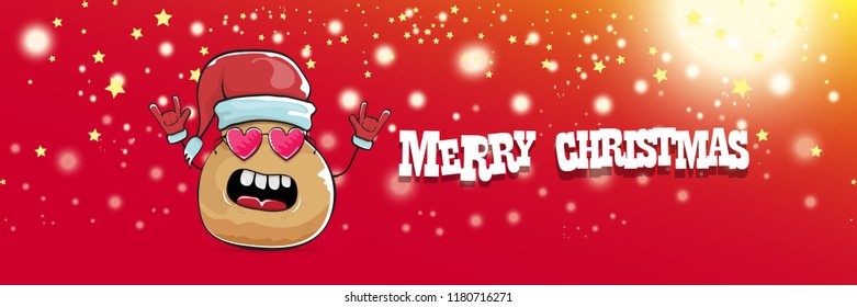 vector funky cartoon smiling santa claus potato with red santa hat and calligraphic christmas text on horizontal red background with blur and lights. vegetable funky christmas food character