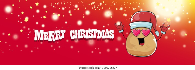 vector funky cartoon smiling santa claus potato with red santa hat and calligraphic christmas text on horizontal red background with blur and lights. vegetable funky christmas food character