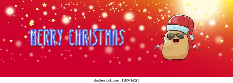 vector funky cartoon smiling santa claus potato with red santa hat and calligraphic christmas text on horizontal red background with blur and lights. vegetable funky christmas food character