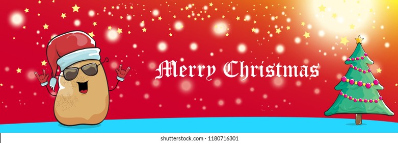 vector funky cartoon smiling santa claus potato with red santa hat and calligraphic christmas text on horizontal red background with blur and lights. vegetable funky christmas food character