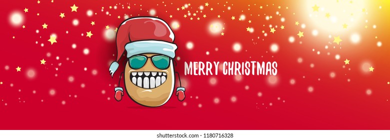 vector funky cartoon smiling santa claus potato with red santa hat and calligraphic christmas text on horizontal red background with blur and lights. vegetable funky christmas food character