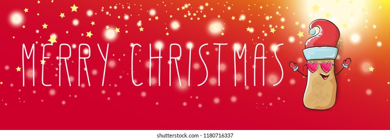 vector funky cartoon smiling santa claus potato with red santa hat and calligraphic christmas text on horizontal red background with blur and lights. vegetable funky christmas food character