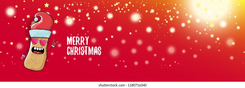 vector funky cartoon smiling santa claus potato with red santa hat and calligraphic christmas text on horizontal red background with blur and lights. vegetable funky christmas food character