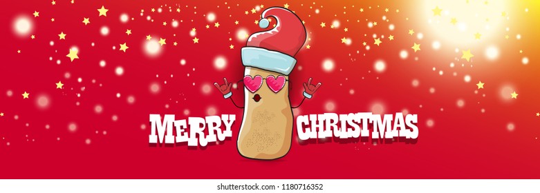 vector funky cartoon smiling santa claus potato with red santa hat and calligraphic christmas text on horizontal red background with blur and lights. vegetable funky christmas food character