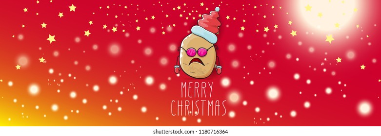 vector funky cartoon smiling santa claus potato with red santa hat and calligraphic christmas text on horizontal red background with blur and lights. vegetable funky christmas food character
