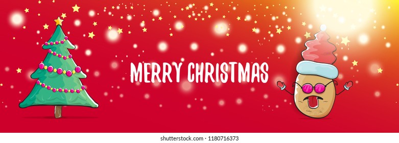 vector funky cartoon smiling santa claus potato with red santa hat and calligraphic christmas text on horizontal red background with blur and lights. vegetable funky christmas food character