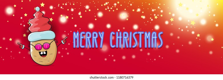 vector funky cartoon smiling santa claus potato with red santa hat and calligraphic christmas text on horizontal red background with blur and lights. vegetable funky christmas food character