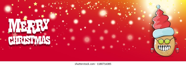 vector funky cartoon smiling santa claus potato with red santa hat and calligraphic christmas text on horizontal red background with blur and lights. vegetable funky christmas food character