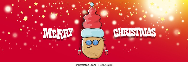 vector funky cartoon smiling santa claus potato with red santa hat and calligraphic christmas text on horizontal red background with blur and lights. vegetable funky christmas food character