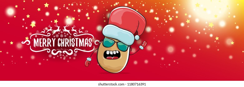 vector funky cartoon smiling santa claus potato with red santa hat and calligraphic christmas text on horizontal red background with blur and lights. vegetable funky christmas food character