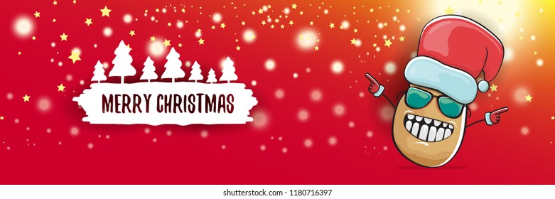vector funky cartoon smiling santa claus potato with red santa hat and calligraphic christmas text on horizontal red background with blur and lights. vegetable funky christmas food character