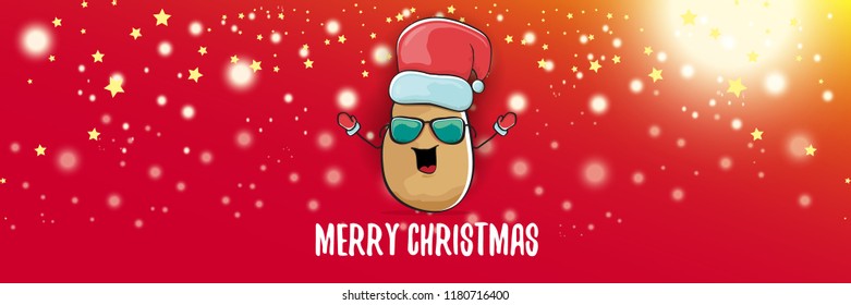 vector funky cartoon smiling santa claus potato with red santa hat and calligraphic christmas text on horizontal red background with blur and lights. vegetable funky christmas food character