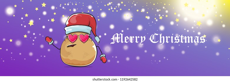 vector funky cartoon smiling santa claus potato with red santa hat and calligraphic christmas text on horizontal violet background with blur and lights. vegetable funky christmas food character