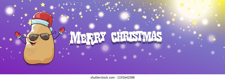 vector funky cartoon smiling santa claus potato with red santa hat and calligraphic christmas text on horizontal violet background with blur and lights. vegetable funky christmas food character