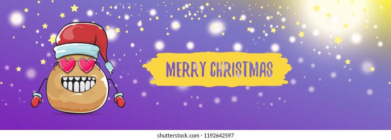 vector funky cartoon smiling santa claus potato with red santa hat and calligraphic christmas text on horizontal violet background with blur and lights. vegetable funky christmas food character