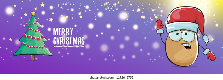 vector funky cartoon smiling santa claus potato with red santa hat and calligraphic christmas text on horizontal violet background with blur and lights. vegetable funky christmas food character
