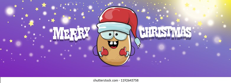 vector funky cartoon smiling santa claus potato with red santa hat and calligraphic christmas text on horizontal violet background with blur and lights. vegetable funky christmas food character