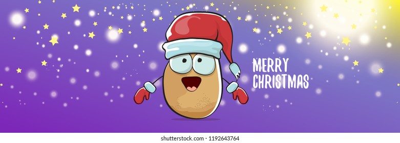 vector funky cartoon smiling santa claus potato with red santa hat and calligraphic christmas text on horizontal violet background with blur and lights. vegetable funky christmas food character