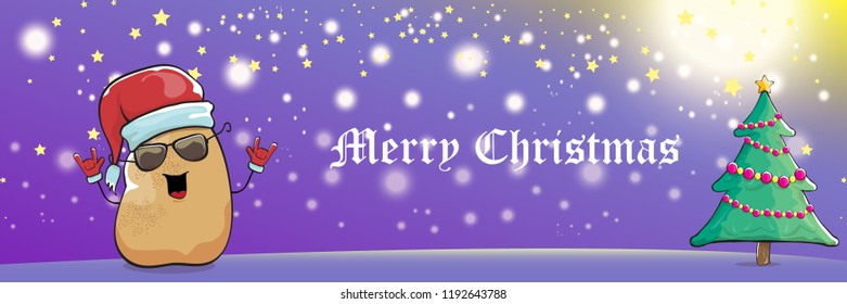 vector funky cartoon smiling santa claus potato with red santa hat and calligraphic christmas text on horizontal violet background with blur and lights. vegetable funky christmas food character