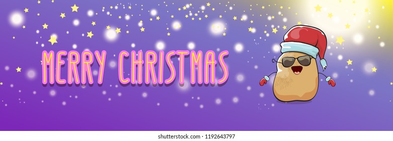 vector funky cartoon smiling santa claus potato with red santa hat and calligraphic christmas text on horizontal violet background with blur and lights. vegetable funky christmas food character