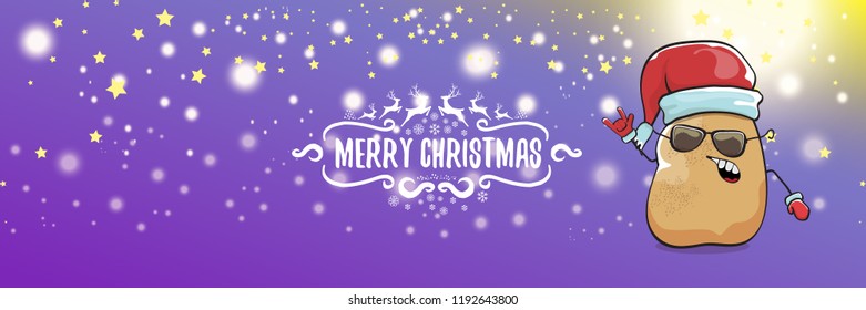 vector funky cartoon smiling santa claus potato with red santa hat and calligraphic christmas text on horizontal violet background with blur and lights. vegetable funky christmas food character