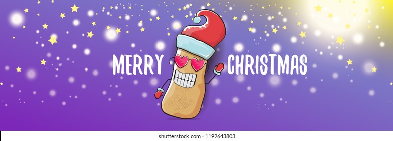 vector funky cartoon smiling santa claus potato with red santa hat and calligraphic christmas text on horizontal violet background with blur and lights. vegetable funky christmas food character