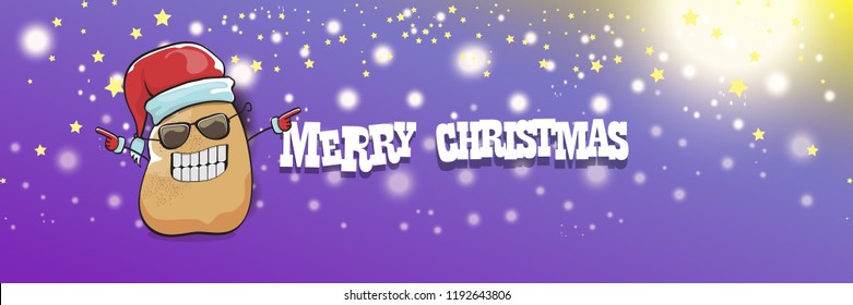 vector funky cartoon smiling santa claus potato with red santa hat and calligraphic christmas text on horizontal violet background with blur and lights. vegetable funky christmas food character