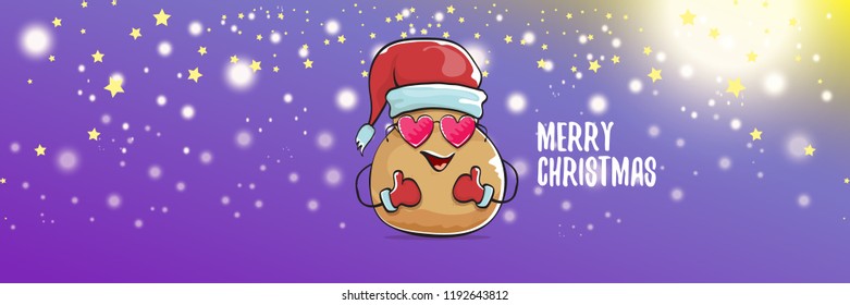 vector funky cartoon smiling santa claus potato with red santa hat and calligraphic christmas text on horizontal violet background with blur and lights. vegetable funky christmas food character